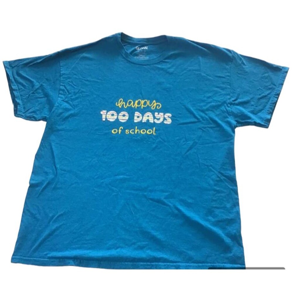 Celebrate Happy 100 Days Of School T-Shirt Blue Adult XL Counting Teacher Aide
